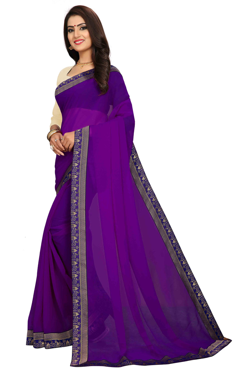 Purple Lace Border Saree With Blouse