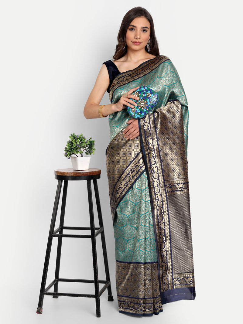 Firoji blue Woven Floral Banarasi Jacquard Silk Saree
