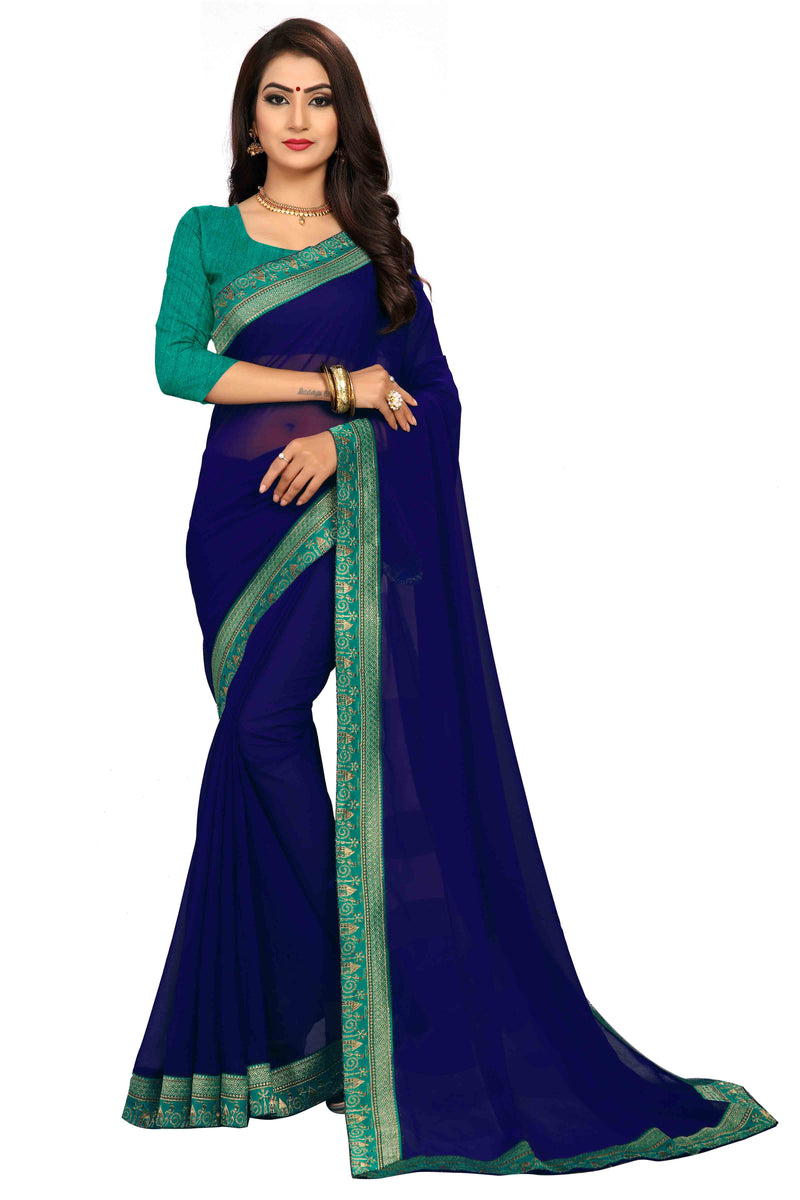 Navy Blue Georgette Saree With Attach Free Rama Green Cotton  Blouse