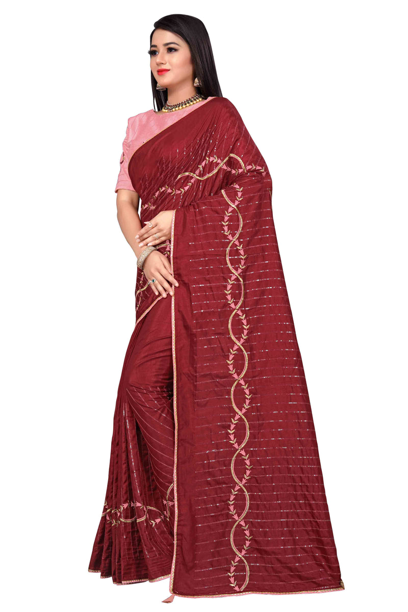 Maroon Embroidery Sequin Silk Saree With Blouse | Sadika