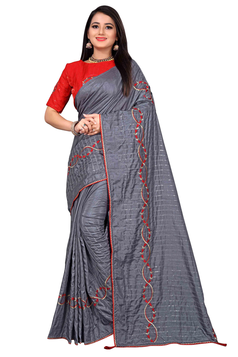 Grey Embroidery Sequin Silk Saree With Blouse | Sadika