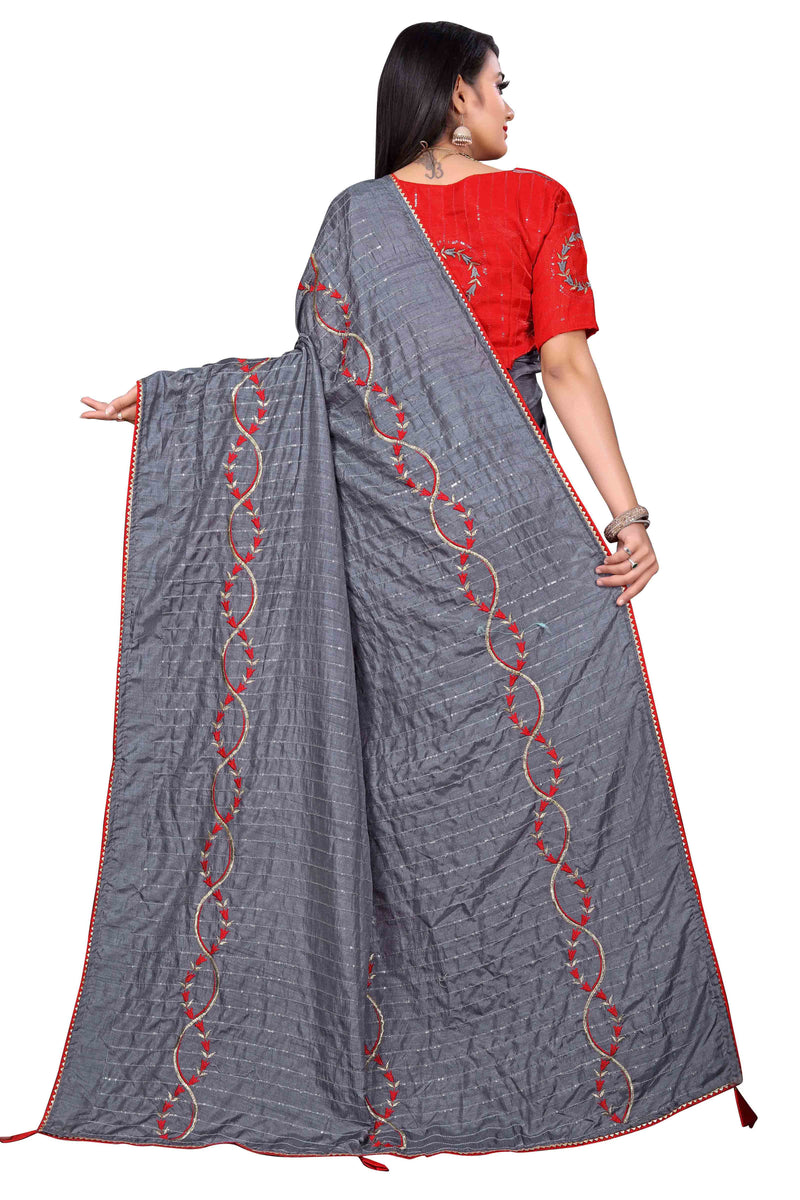 Grey Embroidery Sequin Silk Saree With Blouse | Sadika