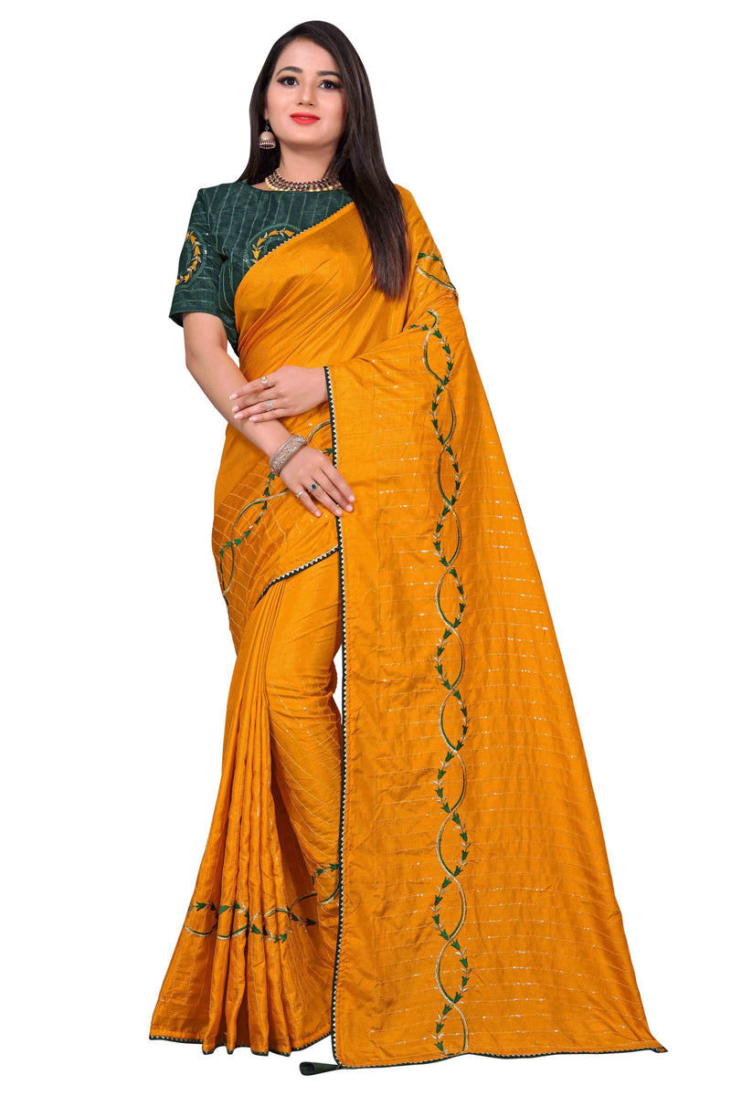 Yellow Embroidery Sequin Silk Saree With Blouse | Sadika