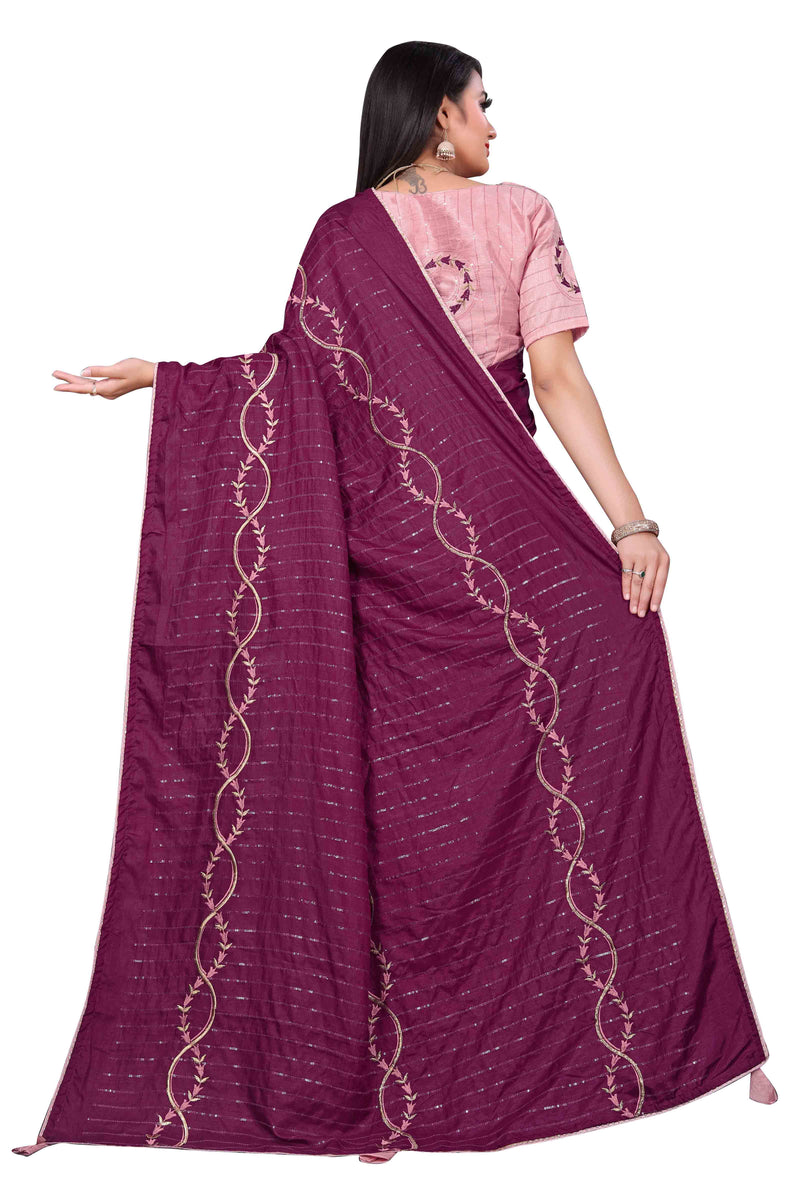 Wine Embroidery Sequin Silk Saree With Blouse | Sadika
