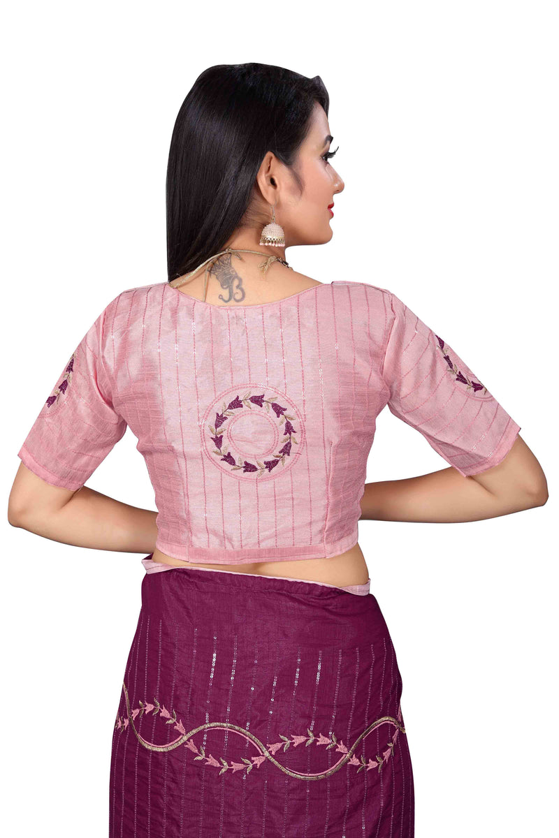 back view of pink embroidery sequin blouse