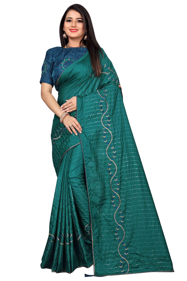 Rama Blue Embroidery Sequin Silk Saree With Blouse | Sadika