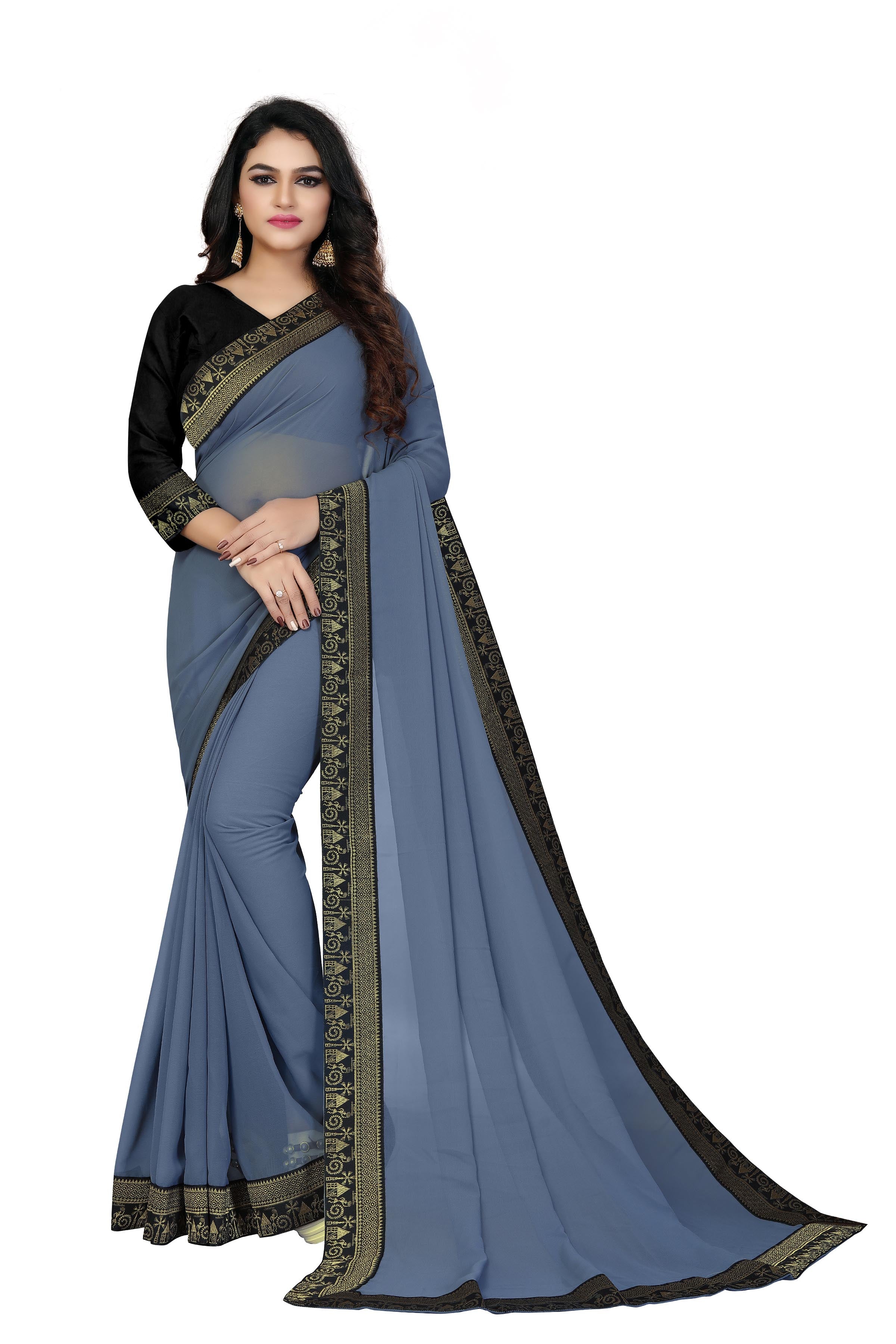 Grey Solid Plain Fancy Georgette Saree With Blouse | Sadika