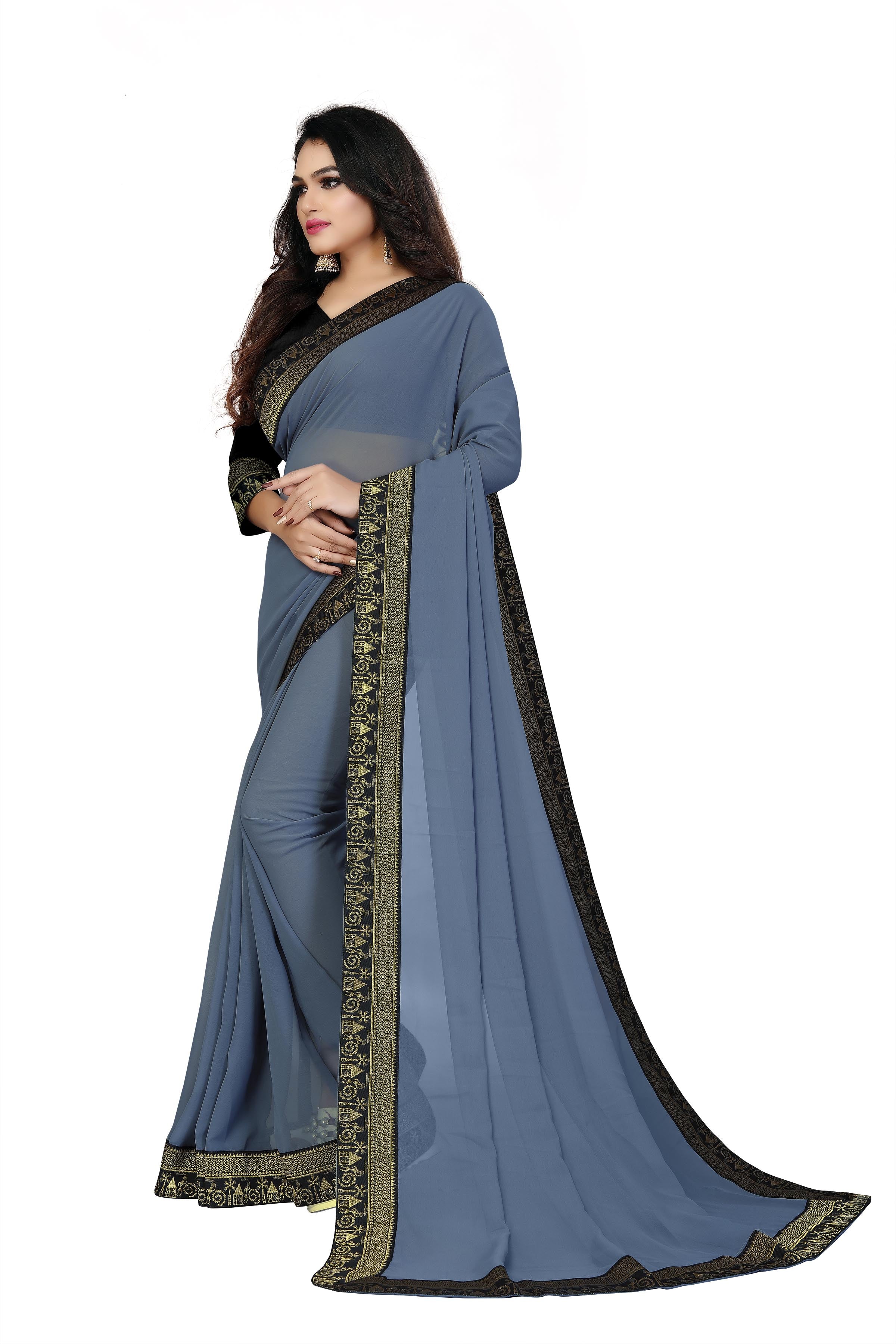 Grey Solid Plain Fancy Georgette Saree With Blouse | Sadika