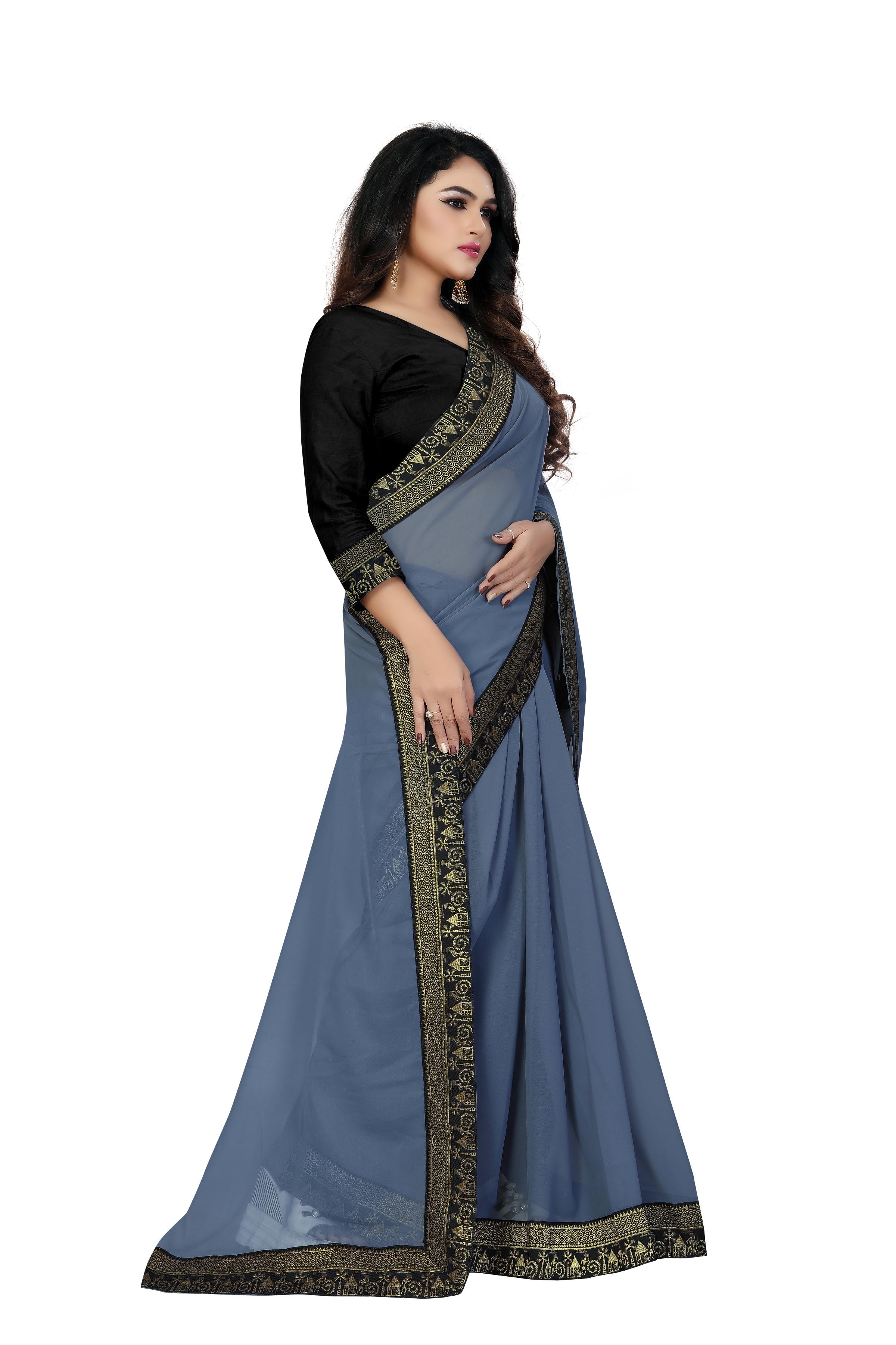 Grey Solid Plain Fancy Georgette Saree With Blouse | Sadika