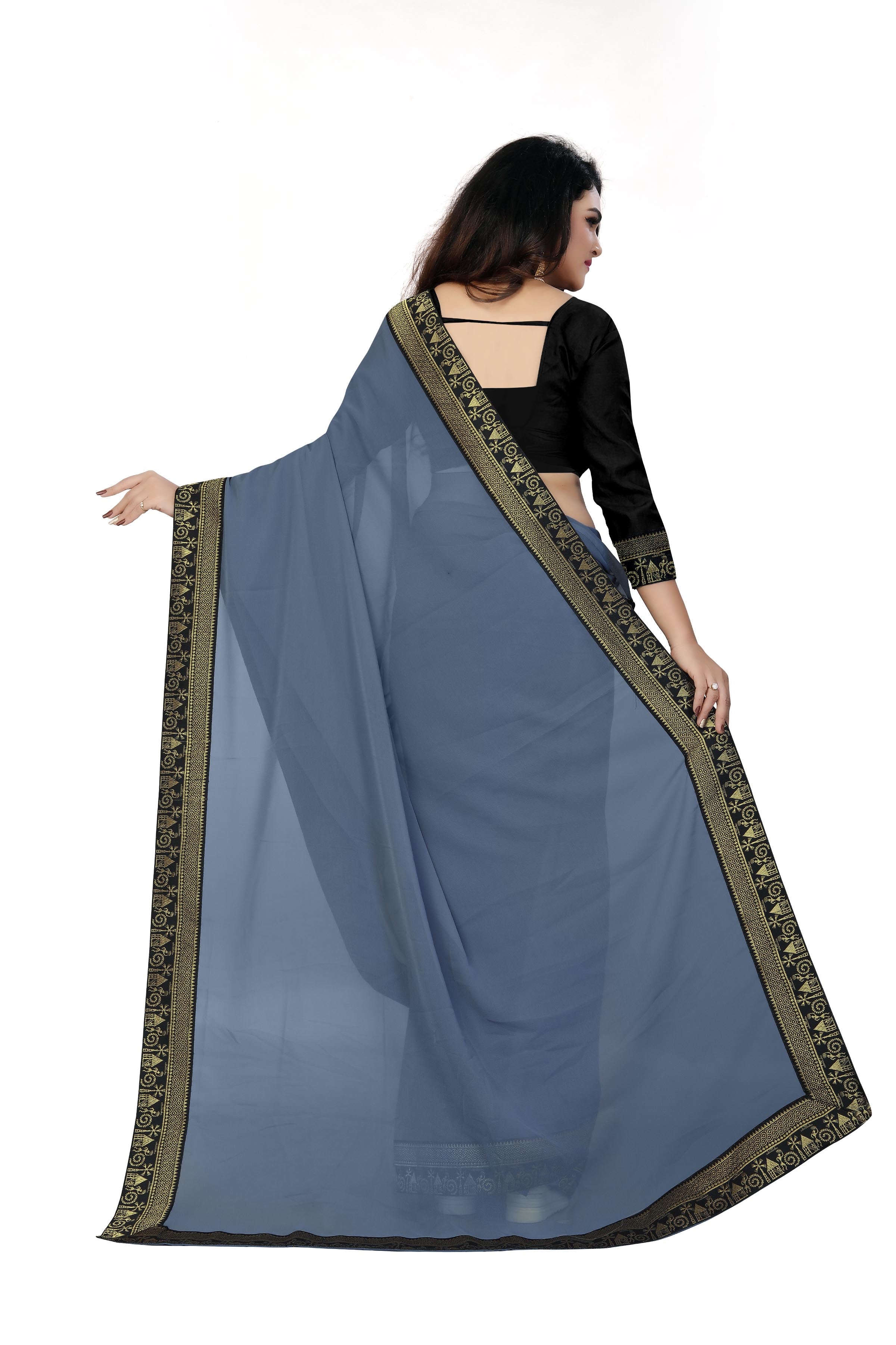 Grey Solid Plain Fancy Georgette Saree With Blouse | Sadika