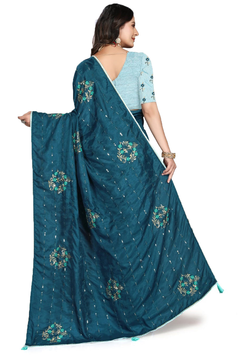 Dark Blue Sequence Work Silk Saree With Blouse | Sadika