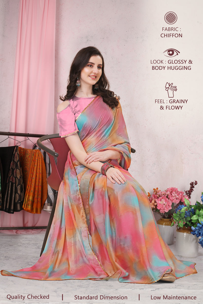 Multi Color Block Foil Printed Sequence Chiffon Saree | Sadika